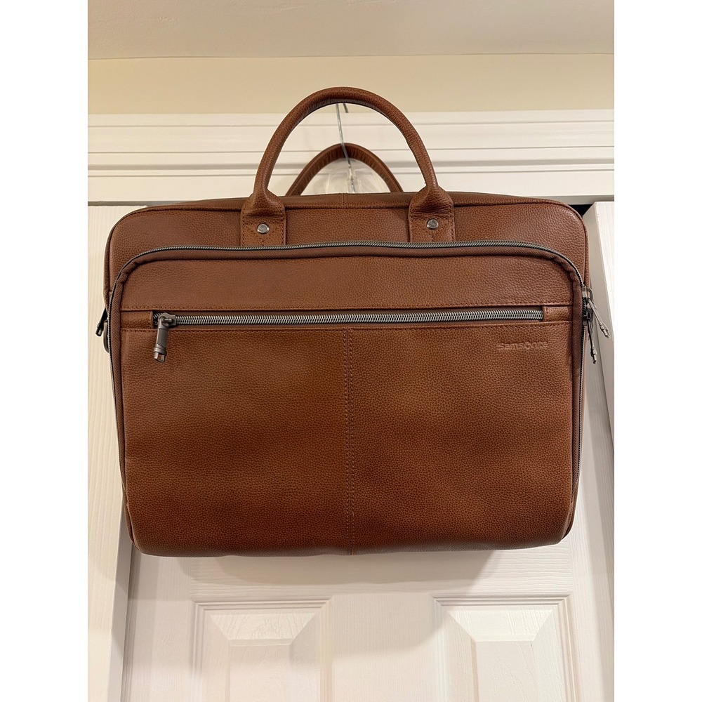 Samsonite Leather Briefcase Laptop Bag Cognac Brown Pebble Grain Professional‎